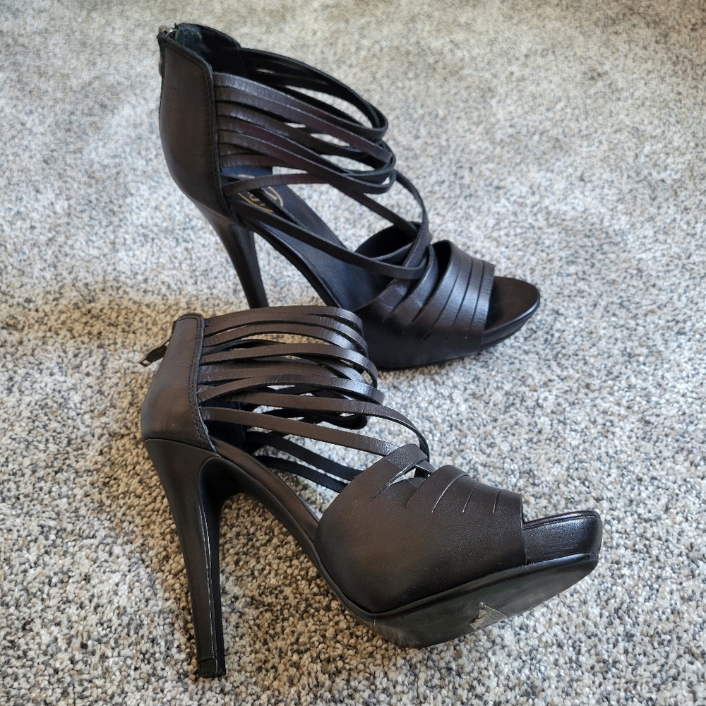 ASH Women's Gossip Leather Strappy Platform  Heels Black Size 39 Euro US 8.5